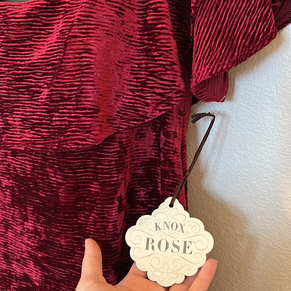 Knox Rose Burgundy Maroon Crushed Velvet Ruffle Off the Shoulder Top - Picture 8 of 12